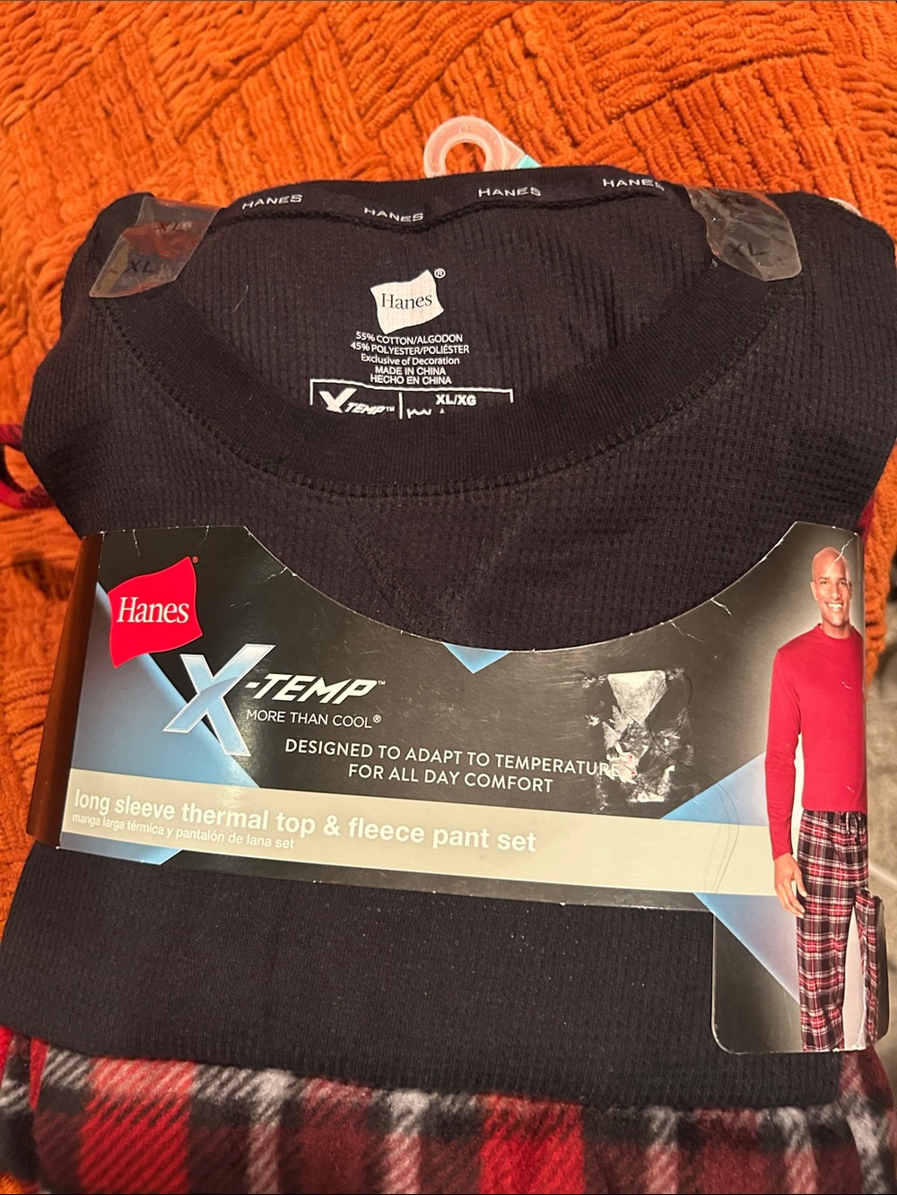 Hanes Black Thermal Top with Red Plaid Fleece Pajama Set
